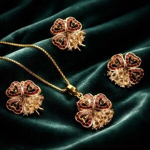 Elegant Gold plated and Red stones clover Jewelry Set